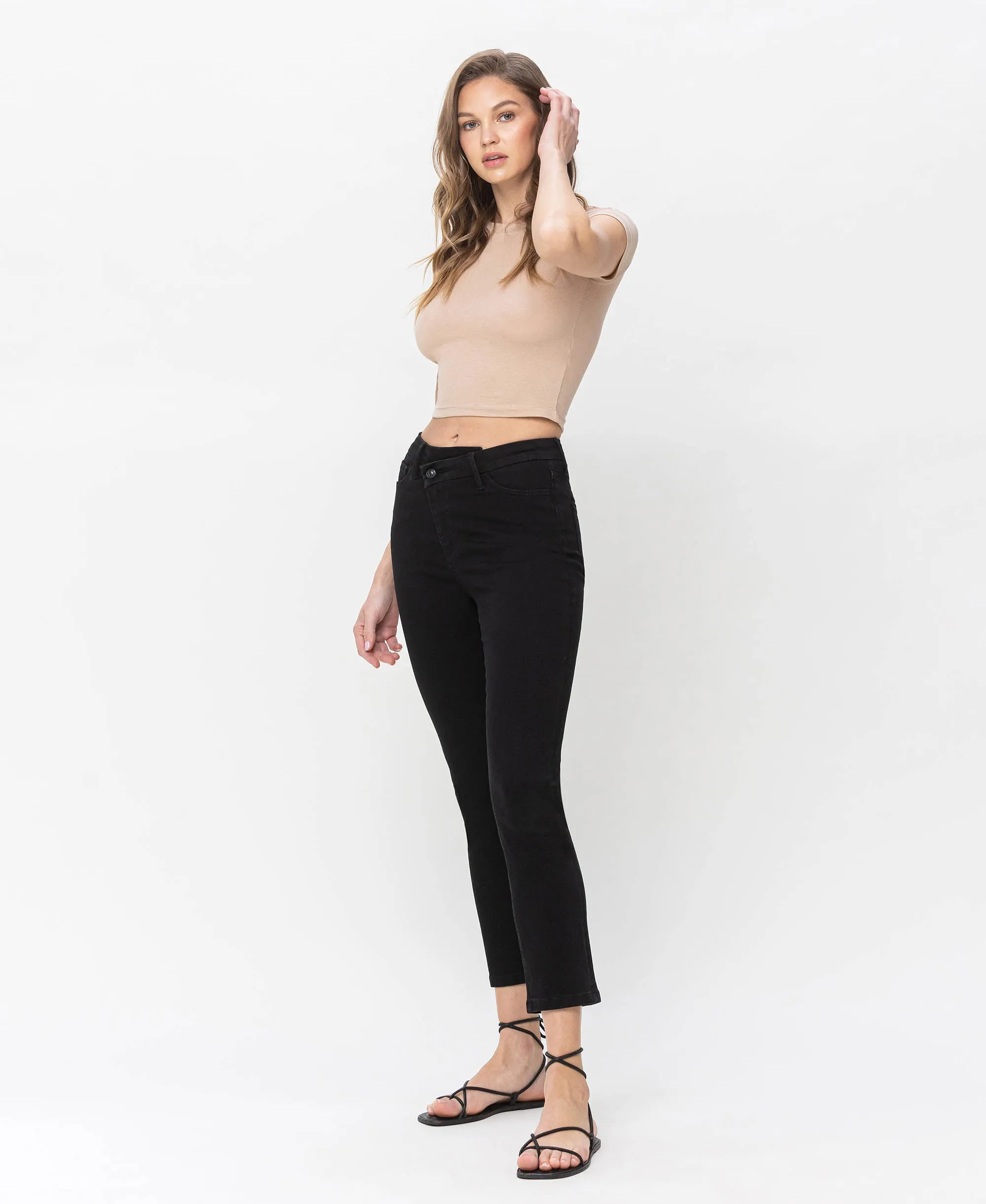 Admirable - High Rise Crossover Waistband Crop Slim Straight Jeans
