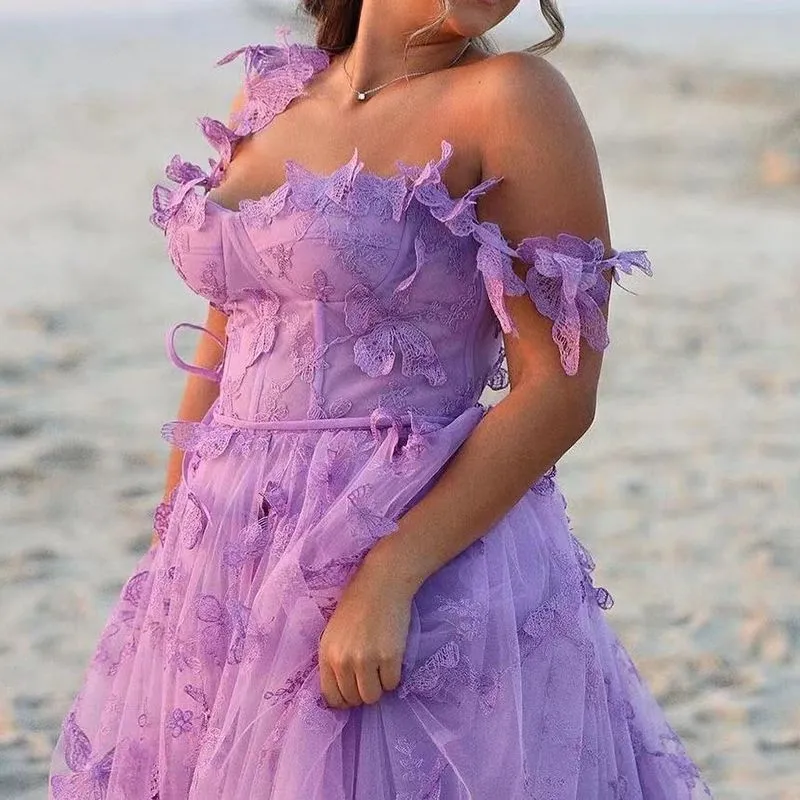 Aesthetic 3D Crochet Butterly Embroidered Tulle Prom Dress