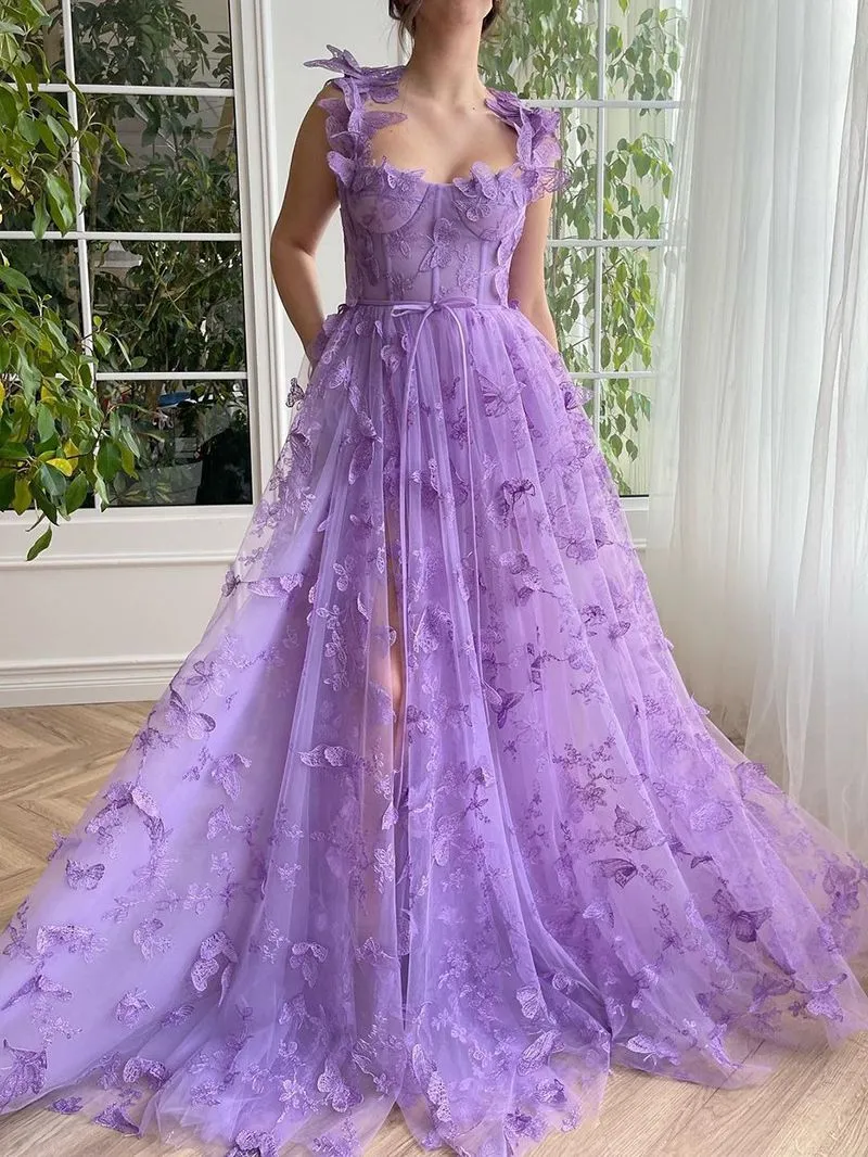 Aesthetic 3D Crochet Butterly Embroidered Tulle Prom Dress