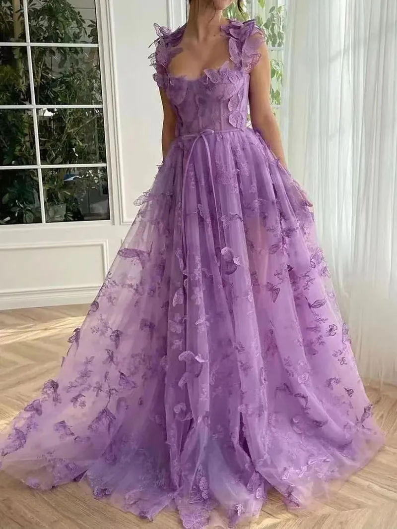 Aesthetic 3D Crochet Butterly Embroidered Tulle Prom Dress