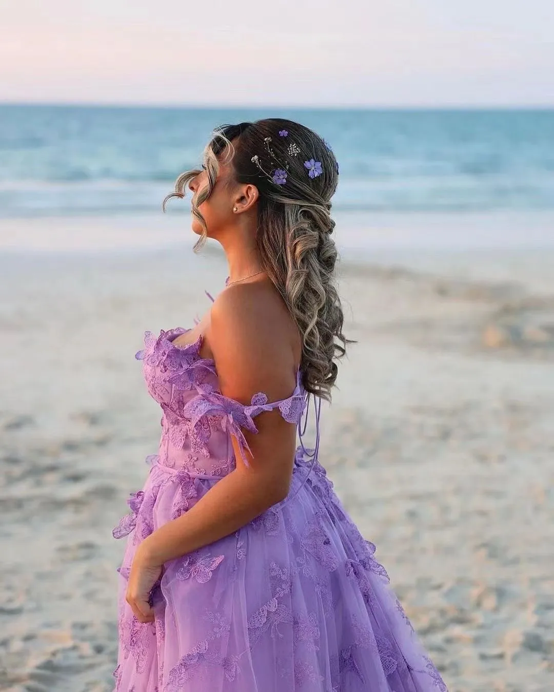 Aesthetic 3D Crochet Butterly Embroidered Tulle Prom Dress