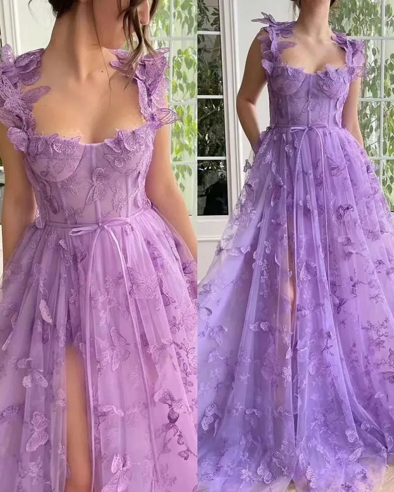 Aesthetic 3D Crochet Butterly Embroidered Tulle Prom Dress