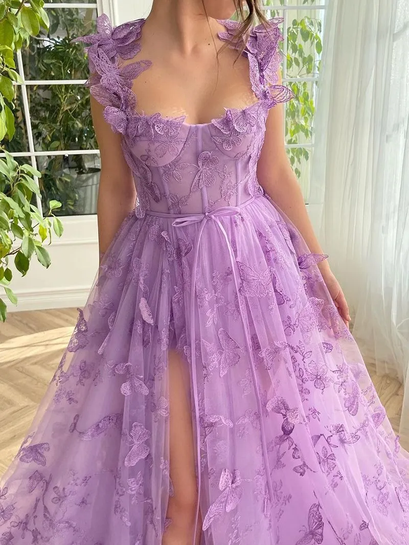 Aesthetic 3D Crochet Butterly Embroidered Tulle Prom Dress