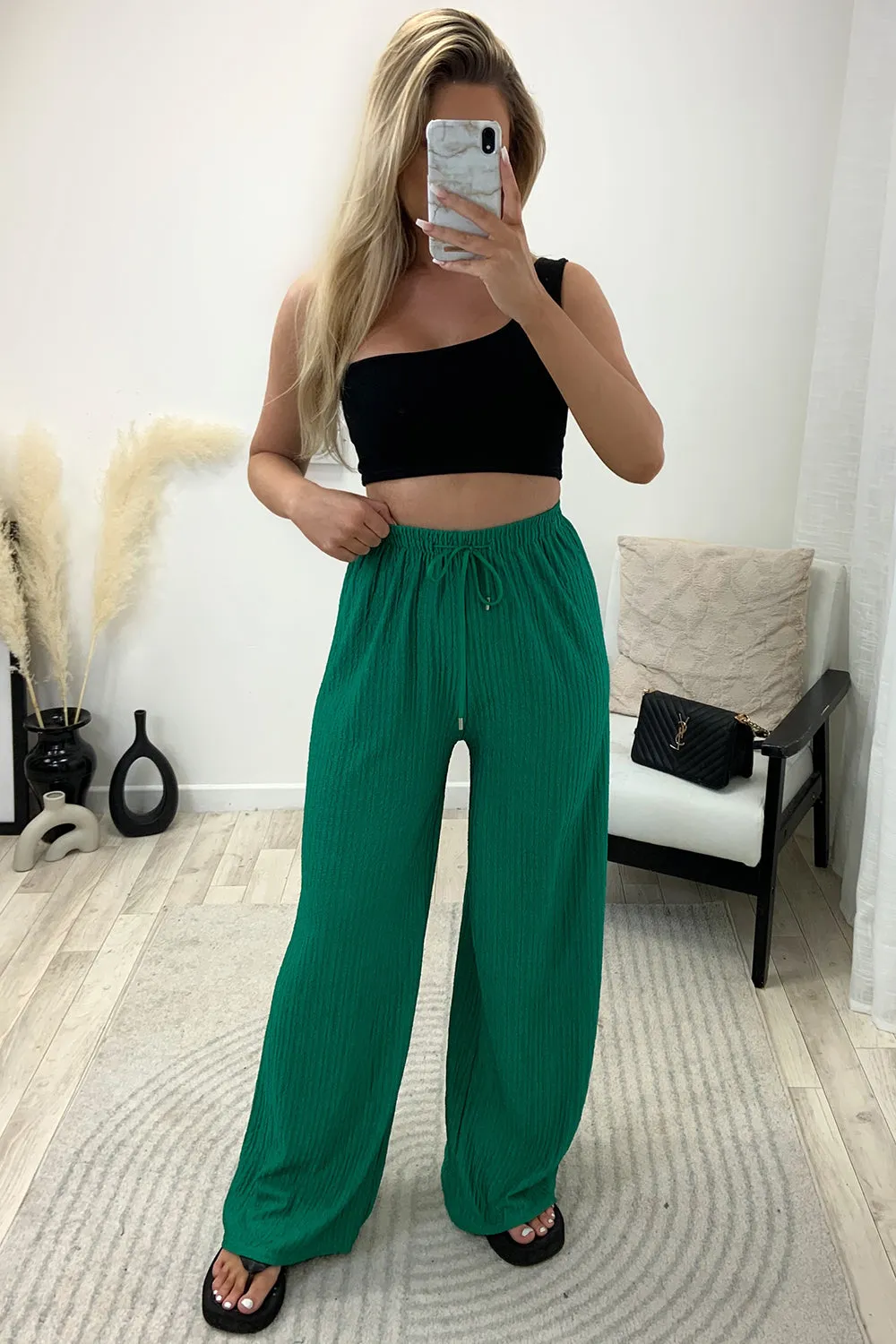 Ashleen Green Textured High Waisted Drawstring Wide Leg Trousers