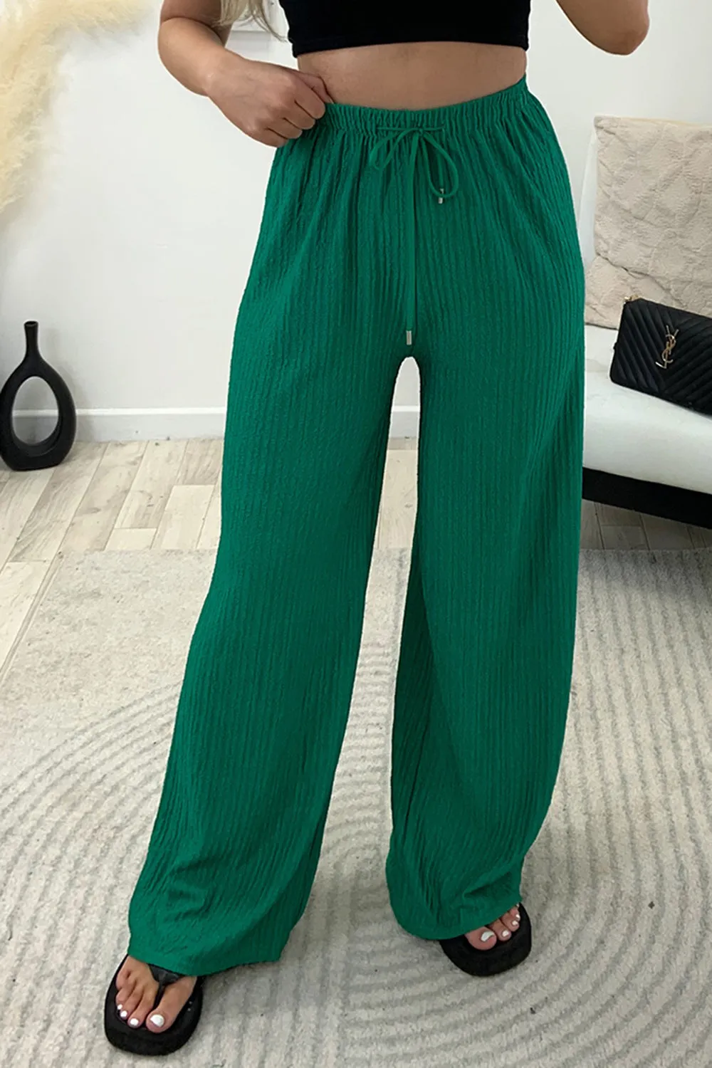 Ashleen Green Textured High Waisted Drawstring Wide Leg Trousers