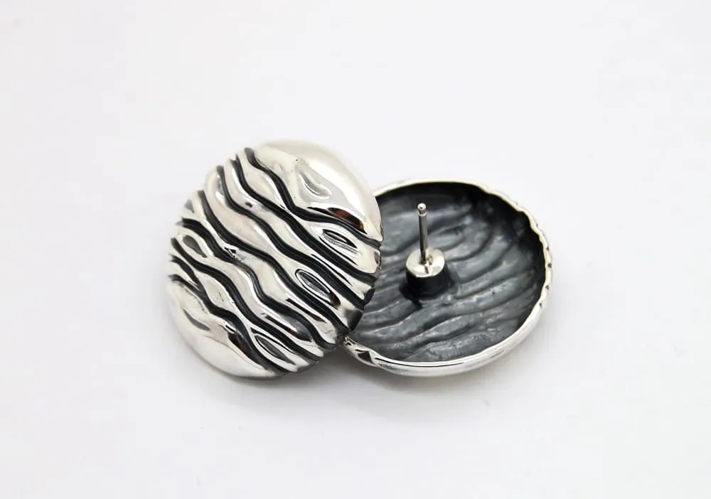 Big Round Stud Earrings: Water Wave Sterling Silver Earrings