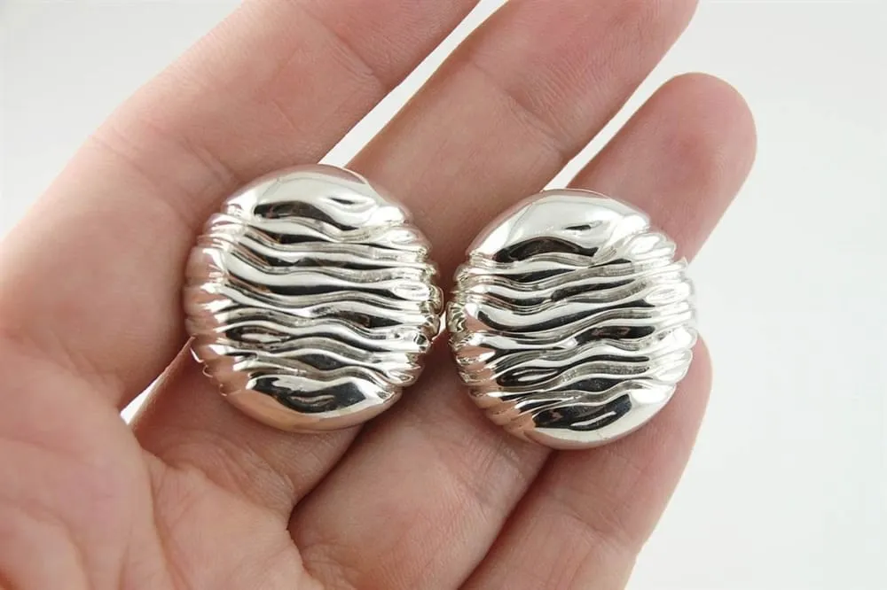 Big Round Stud Earrings: Water Wave Sterling Silver Earrings