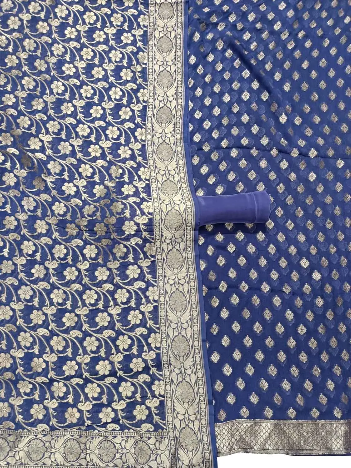 Blue Banarasi Pure Georgette Three Piece Unstitched Suit Set