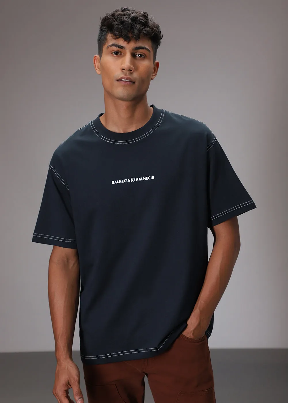 Blue Contrast Thread Oversized T-shirt