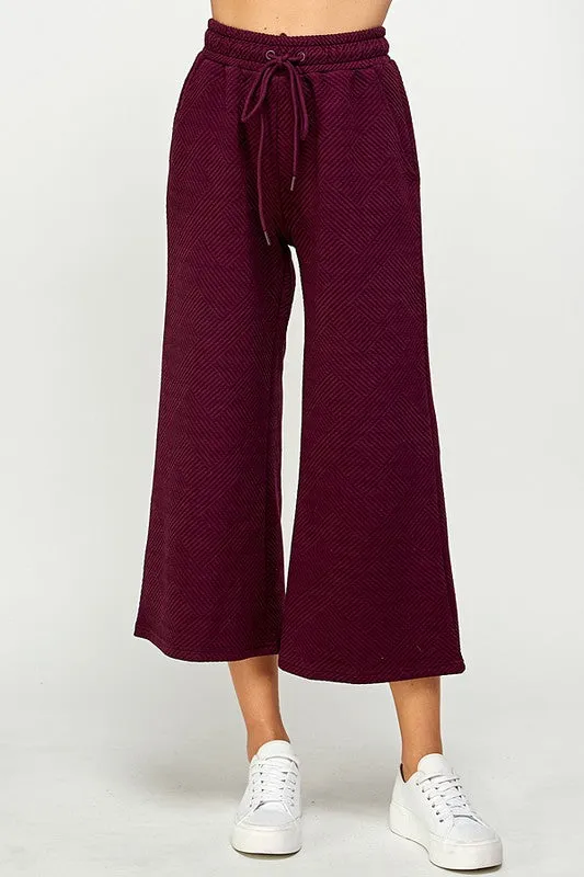 Burgundy Textured Cropped Wide Pants