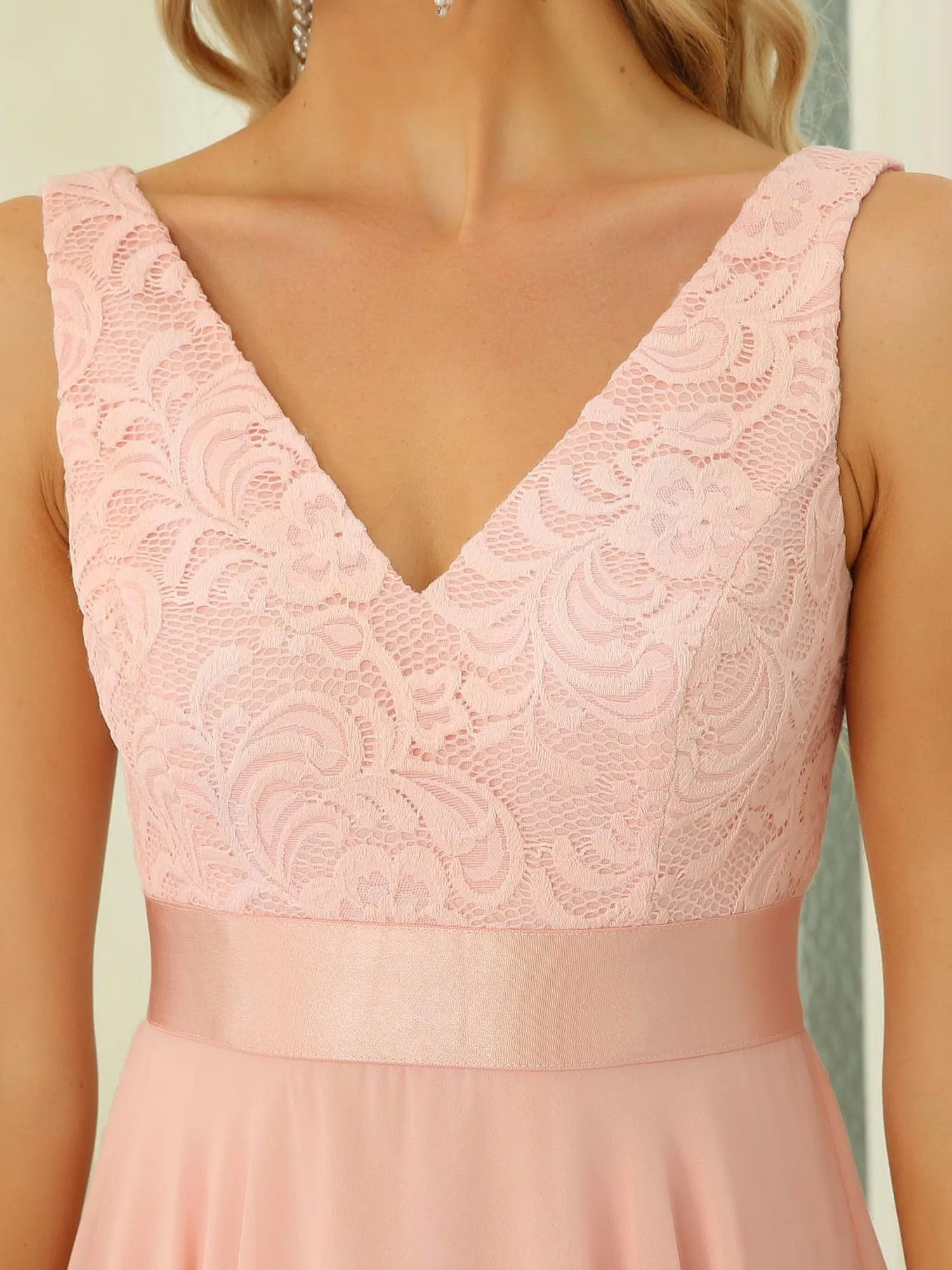 Deep V-Neck Lace Chiffon Bridesmaid Dress with Asymmetrical Hem