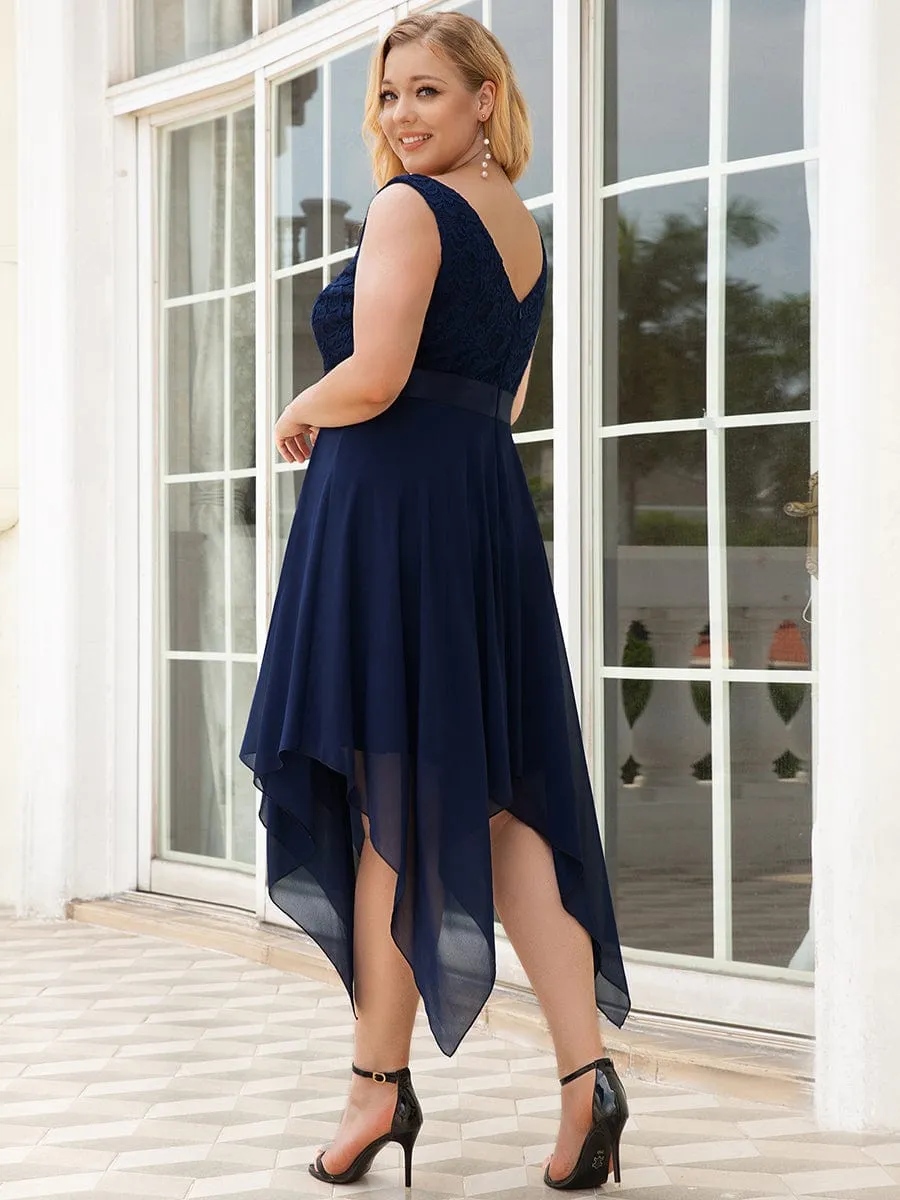 Deep V-Neck Lace Chiffon Bridesmaid Dress with Asymmetrical Hem