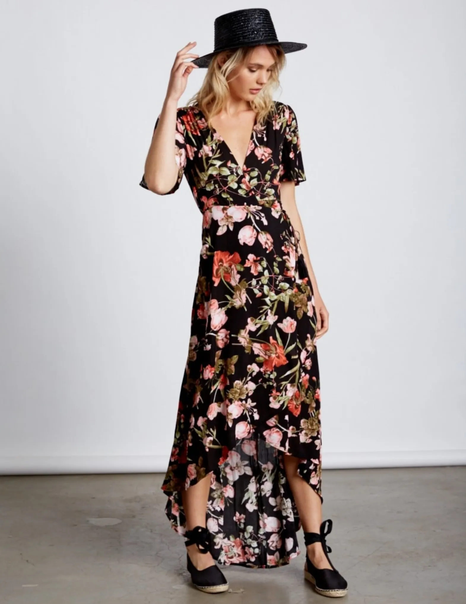 Final Sale - Cotton Candy LA -High-Low Wrap Dress - Floral Black