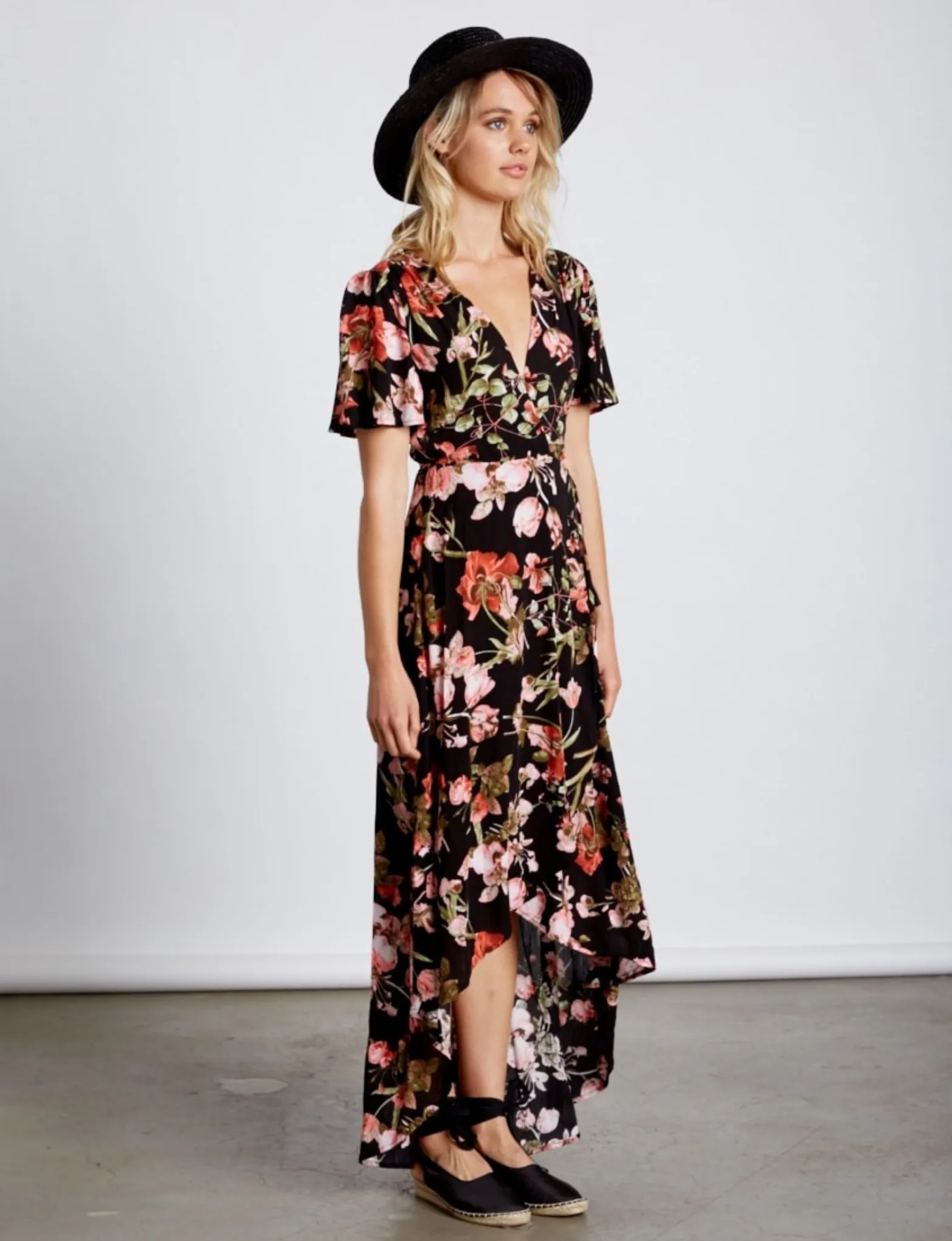 Final Sale - Cotton Candy LA -High-Low Wrap Dress - Floral Black