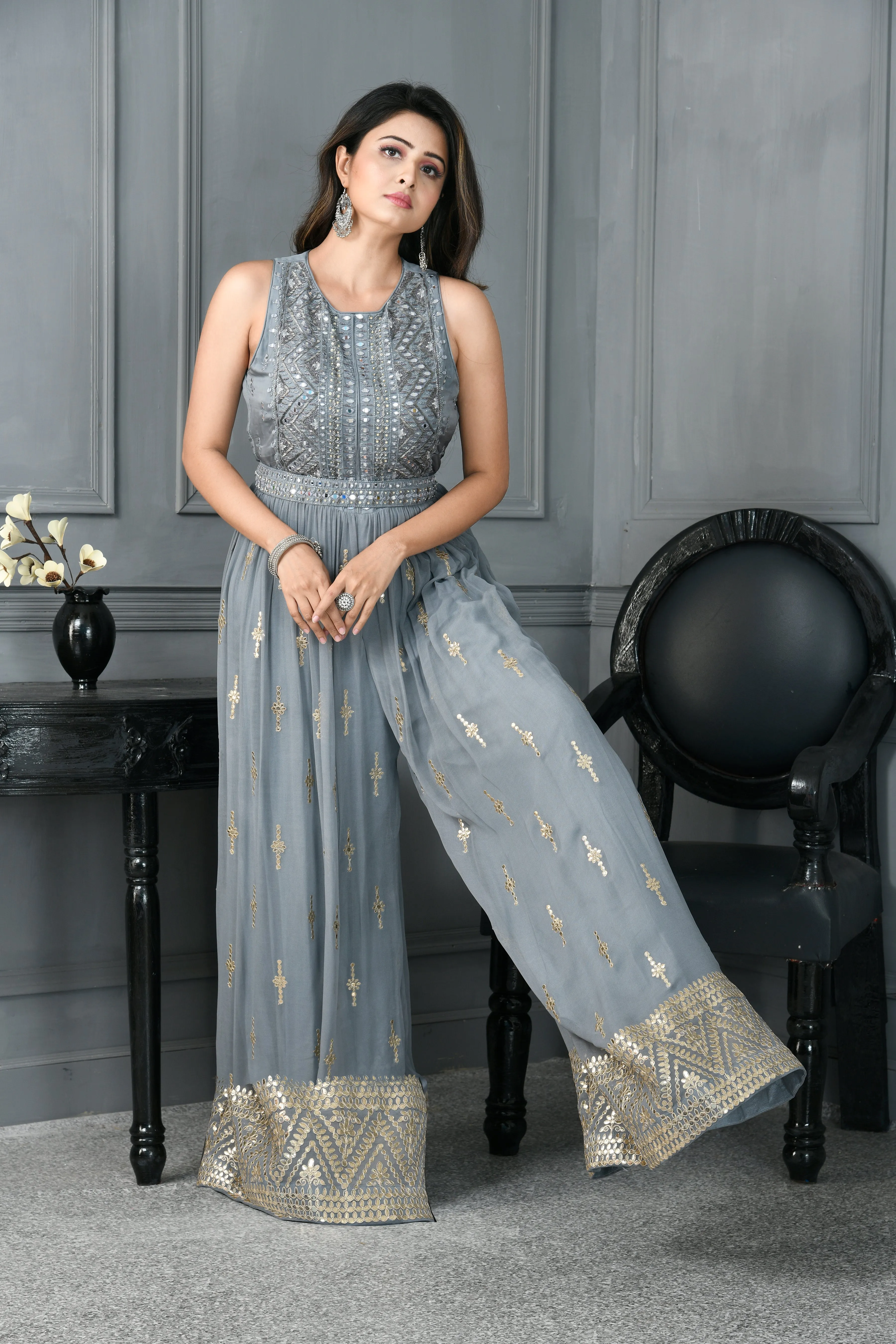 Georgette Jump Suit with Mirror Work,Cutdana Work,Gota Work and Belt