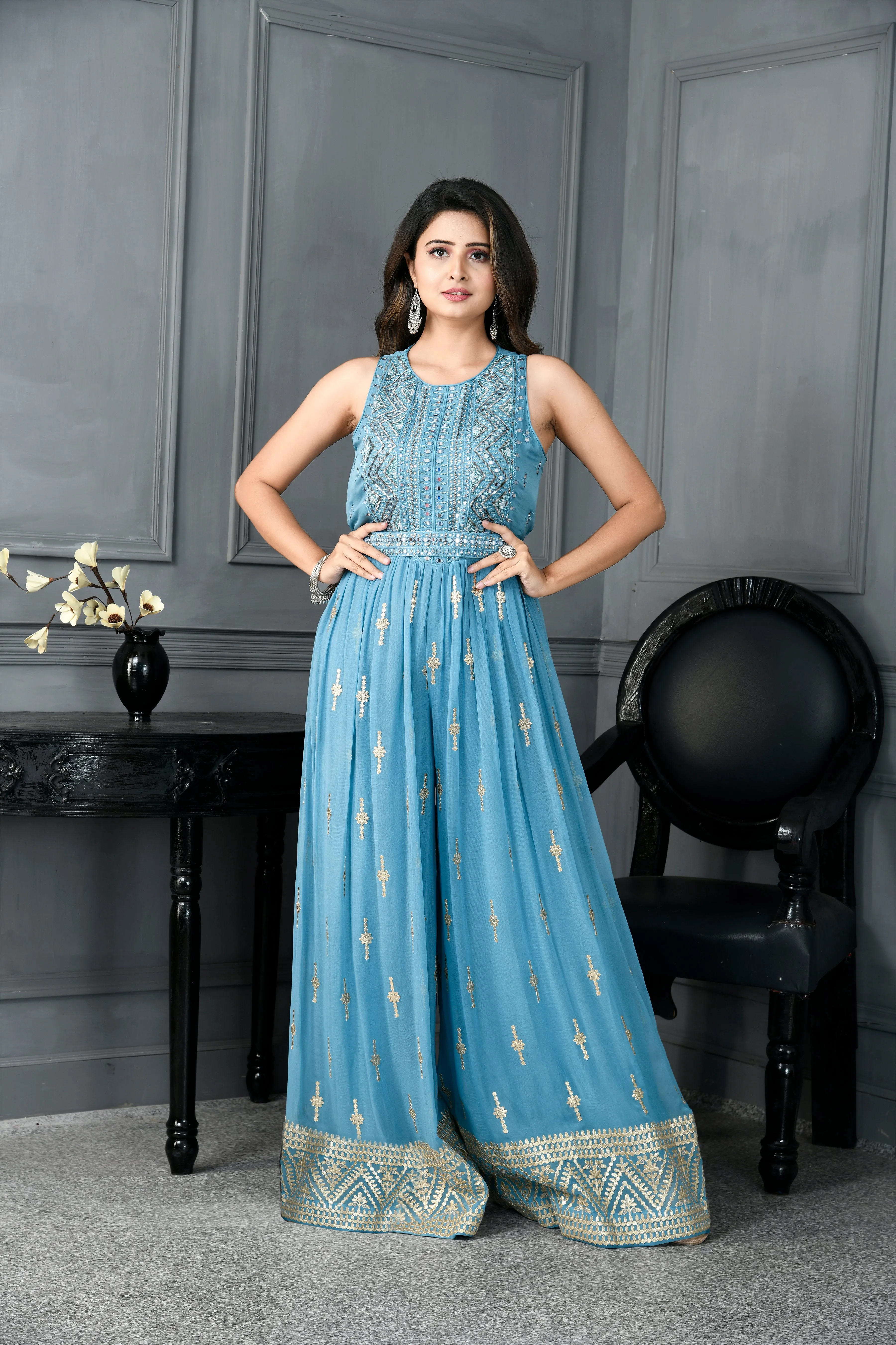 Georgette Jump Suit with Mirror Work,Cutdana Work,Gota Work and Belt