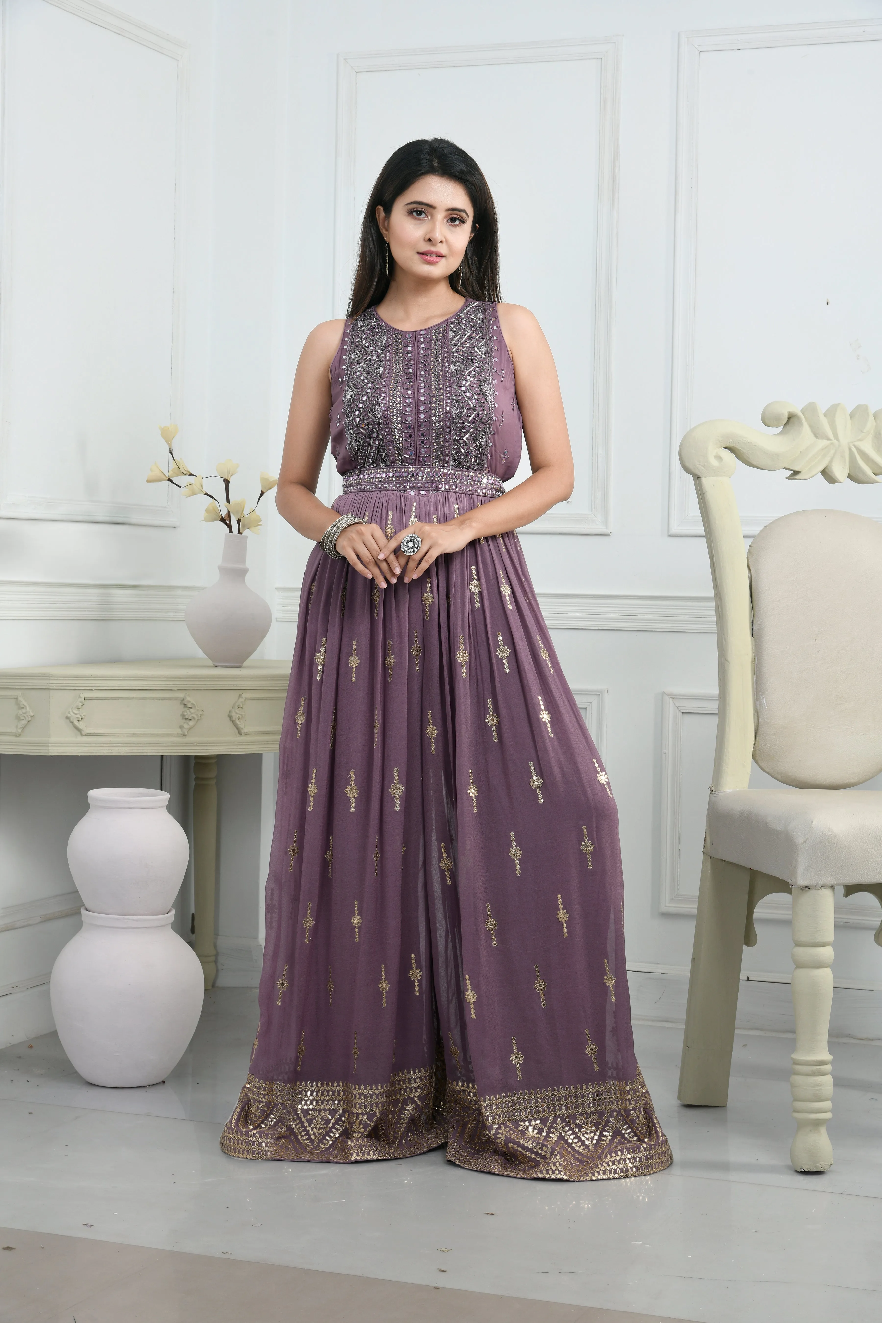 Georgette Jump Suit with Mirror Work,Cutdana Work,Gota Work and Belt