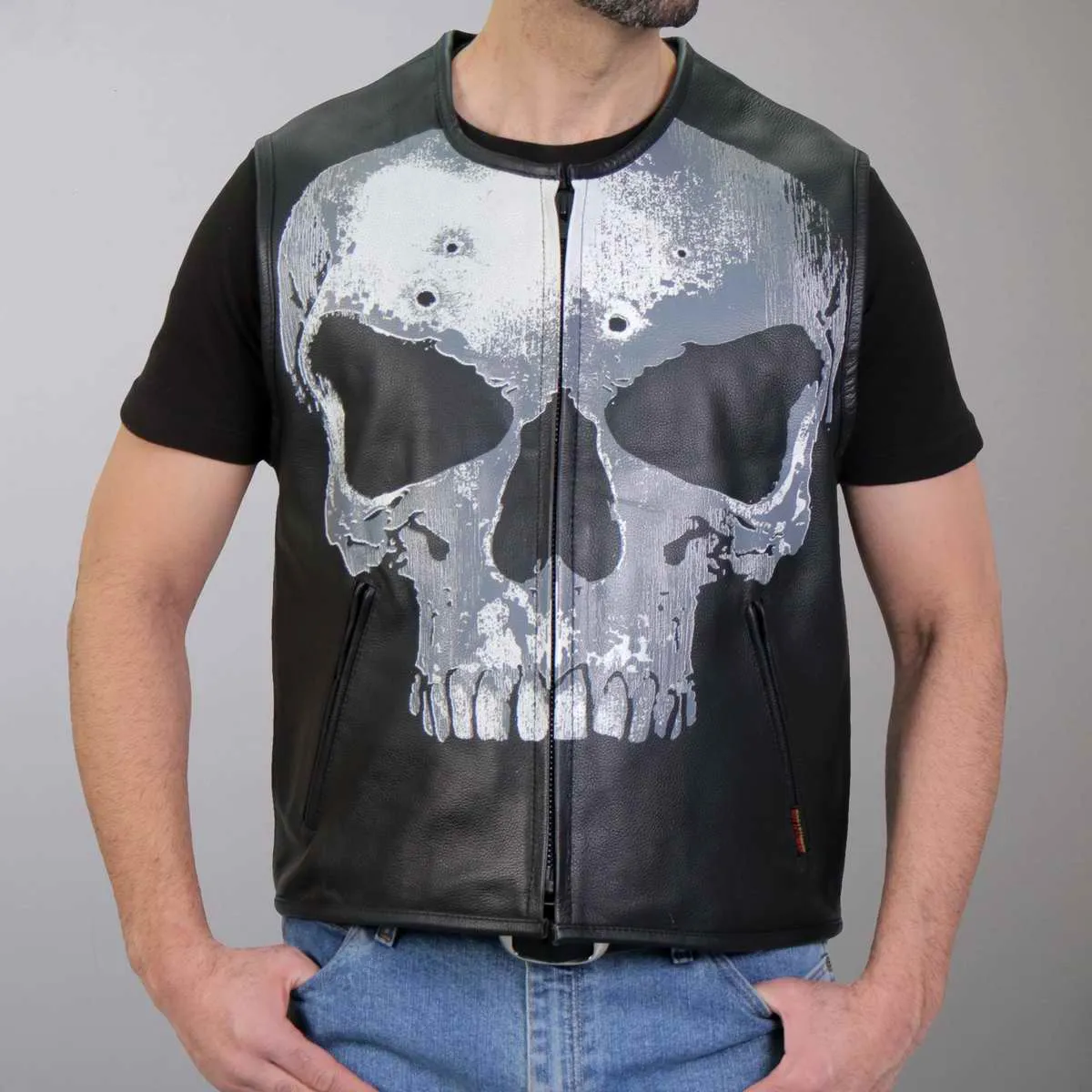 Hot Leathers VSM2001 Men's Black Jumbo Skull Conceal and Carry Leather Vest