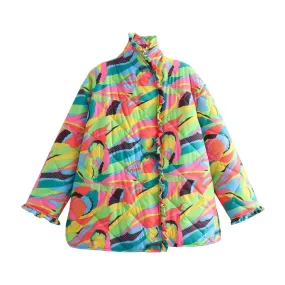 Pre Order:  Floral Ruffle Trim Padded Jacket