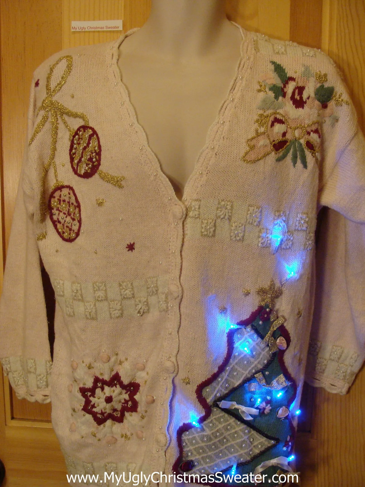 Tacky Pink Light Up Christmas Sweater Cheesy Plaid Tree