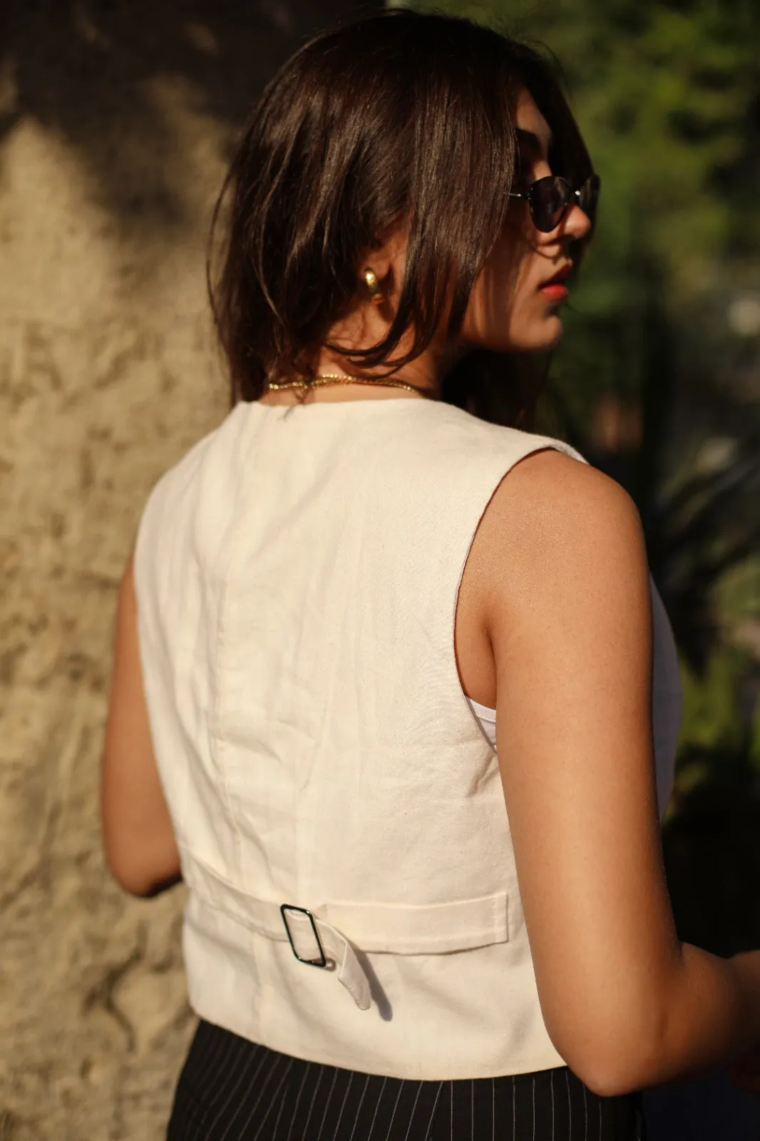 V-Neck Cotton Vest Beige