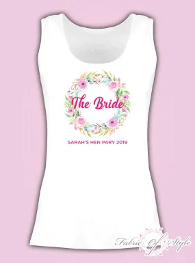 Wreath Vest Tank Top Hen Do Party Bride Tribe Wedding Personalised T-shirt Ladies Female